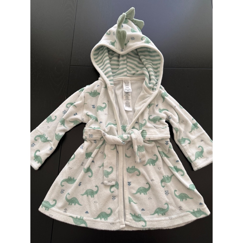 Carters Baby Dinosaur Bath Robe Size 0-9‎ Months White/Green Terry Hooded w/Belt